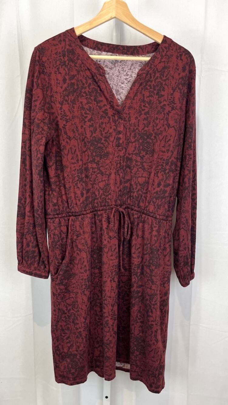 GARNET HILL M Ines Blouson Knit Dress Printed Long Sleeve Knee Length Wine Red